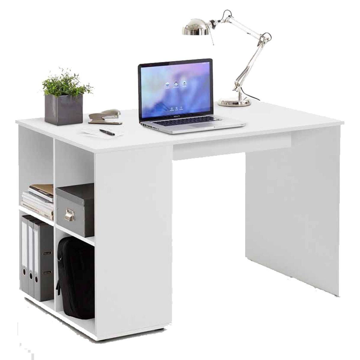 Bureau étagère Trent 117cm blanc meuble de rangement informatique scandinave