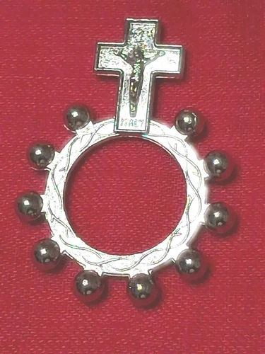 Rosary Finger Ring Crucifix Italy Silvertone
