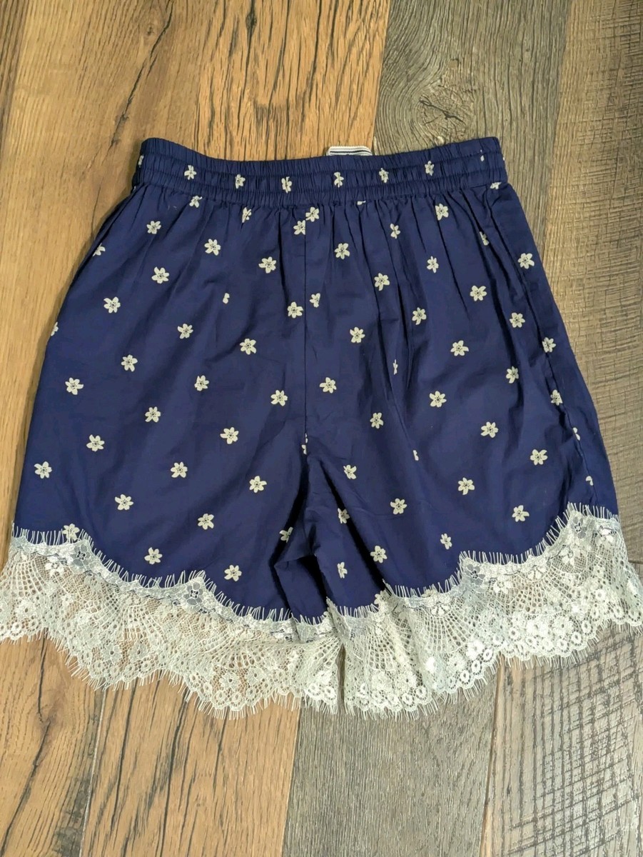 Anthropologie Blue Daisy Print Lace Hem Shorts NWT XXS Cotton
