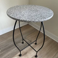 Vtg MCM Granite Round Top w/ Wrought iron Base  Plant Stand Side Table 23”Hx16”W