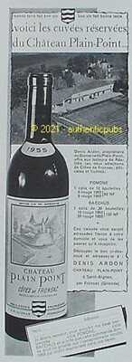 ADVERTISEMENT CHATEAU PLAIN POINT COTES DE FRONSAC GREAT WINE BORDEAUX 1957 AD PUB