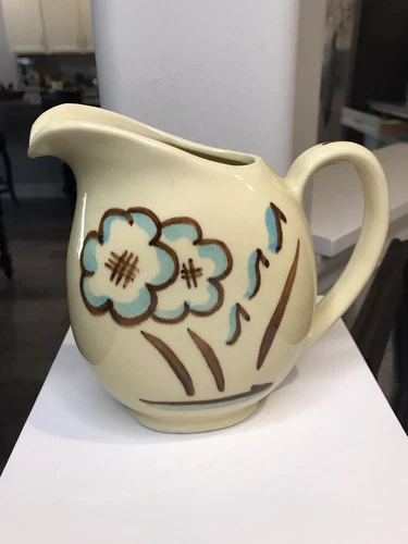 Shawnee Pottery Cream Pitcher 1940's USA #35 Off White Blue Brown Flowers Small