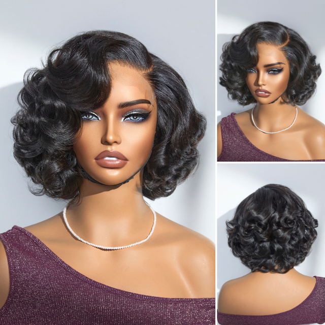 10 inch Loose Wave Black Short Bob Wigs Lace Frontal Human  display picture 1