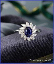 1.55CT Oval Cut Real Blue Sapphire Wedding Cluster Ring Gift 14K White Gold Over