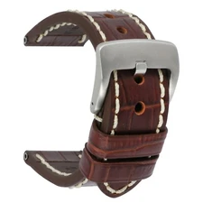 26mm Leather Strap Choco Brown Watch Band for INVICTA Heavy Duty Buckle White
