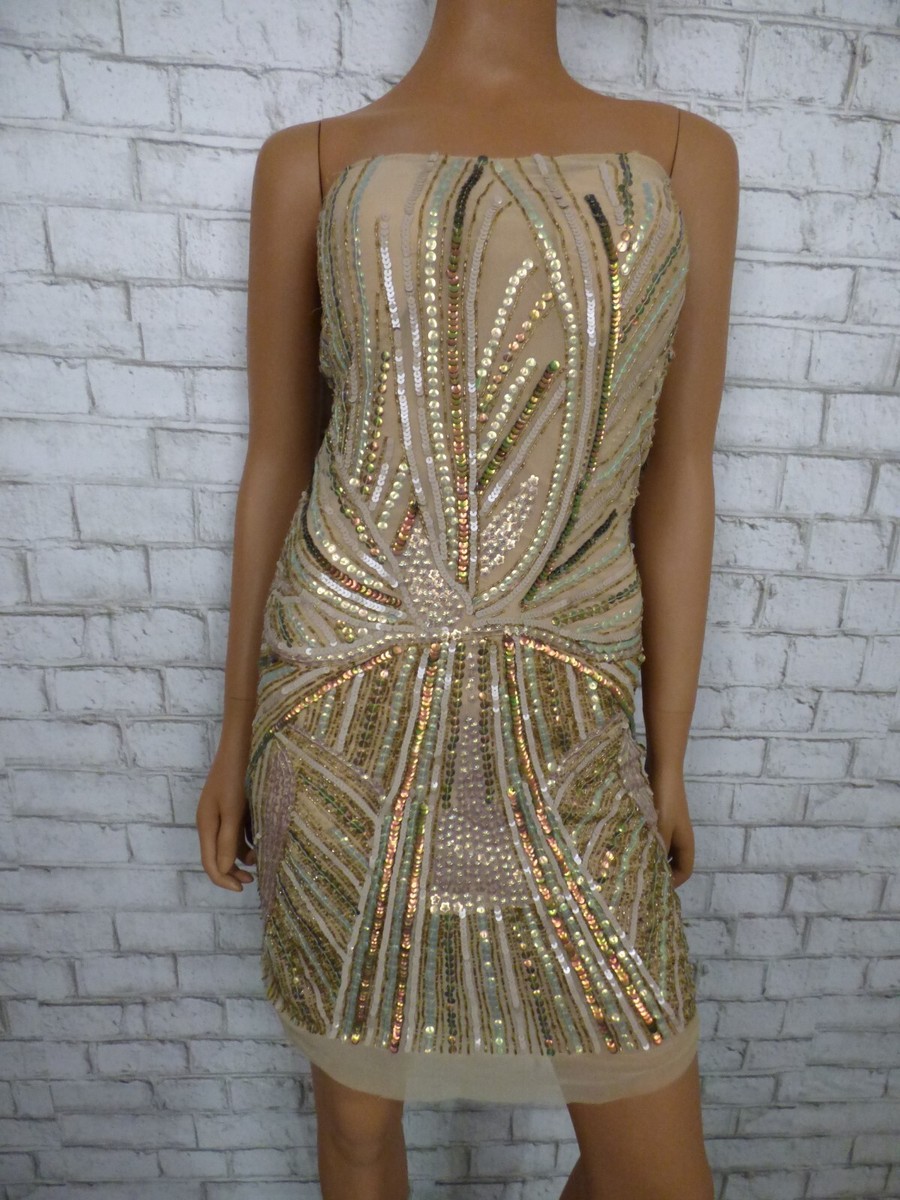 $1400 Jean Louis Scherrer Sequin Beaded Beize Mini Sheath Dress S