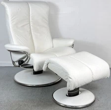 Ekornes Stressless Large BLUES White Leather Swivel Recliner Chair and Ottoman