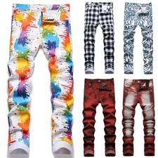 Fashion Men's Jeans Stretch Slim Fit Pants Casual Long Pants Printed Denim Pants