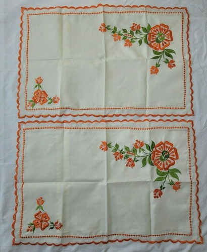 2 Vintage Chiffonille Orange Embroidered Floral Pillow Shams Poly Pima Cotton - Picture 2 of 12