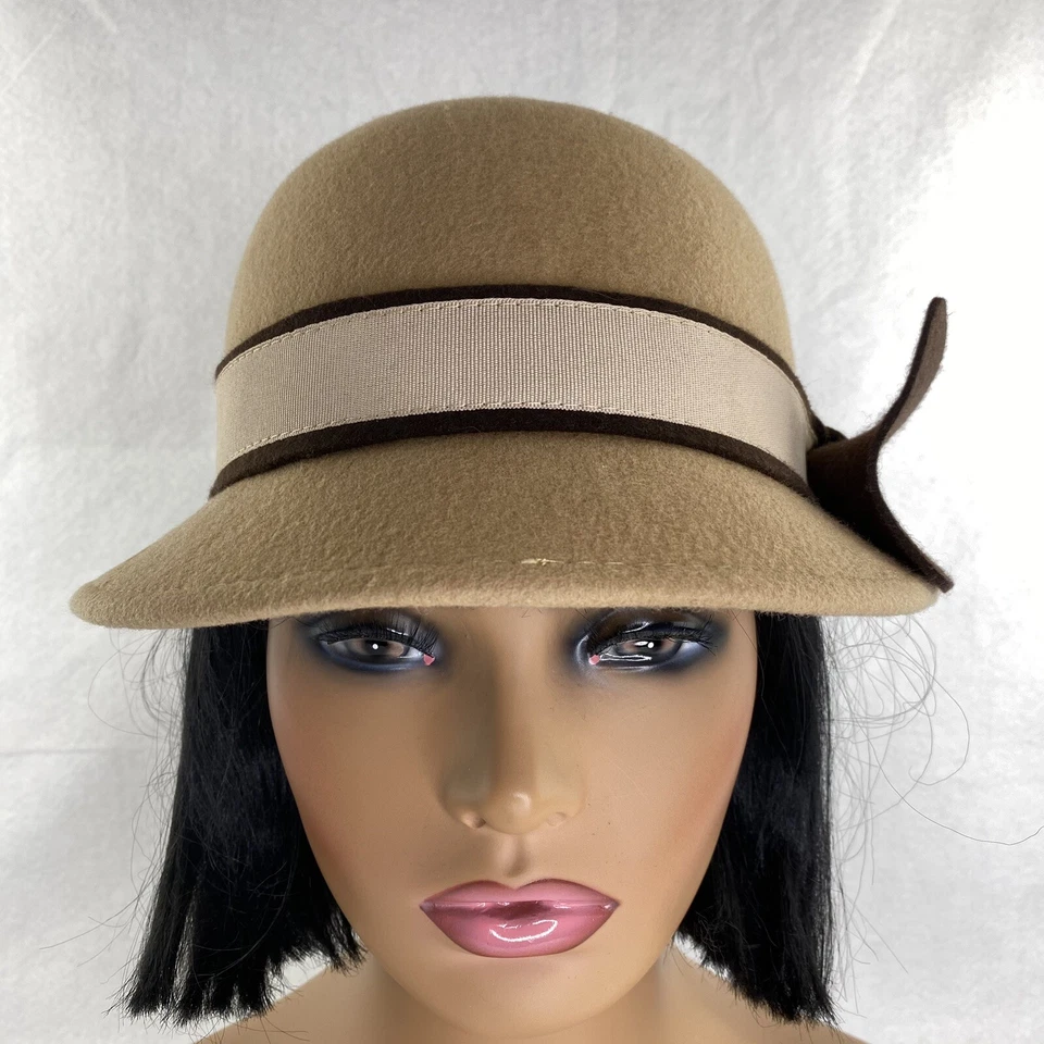 Magid шляпы шерсти Cloche вниз поля шляпа бежевый декоративный двухцветный коричневый бант - Изображение 2 из 4