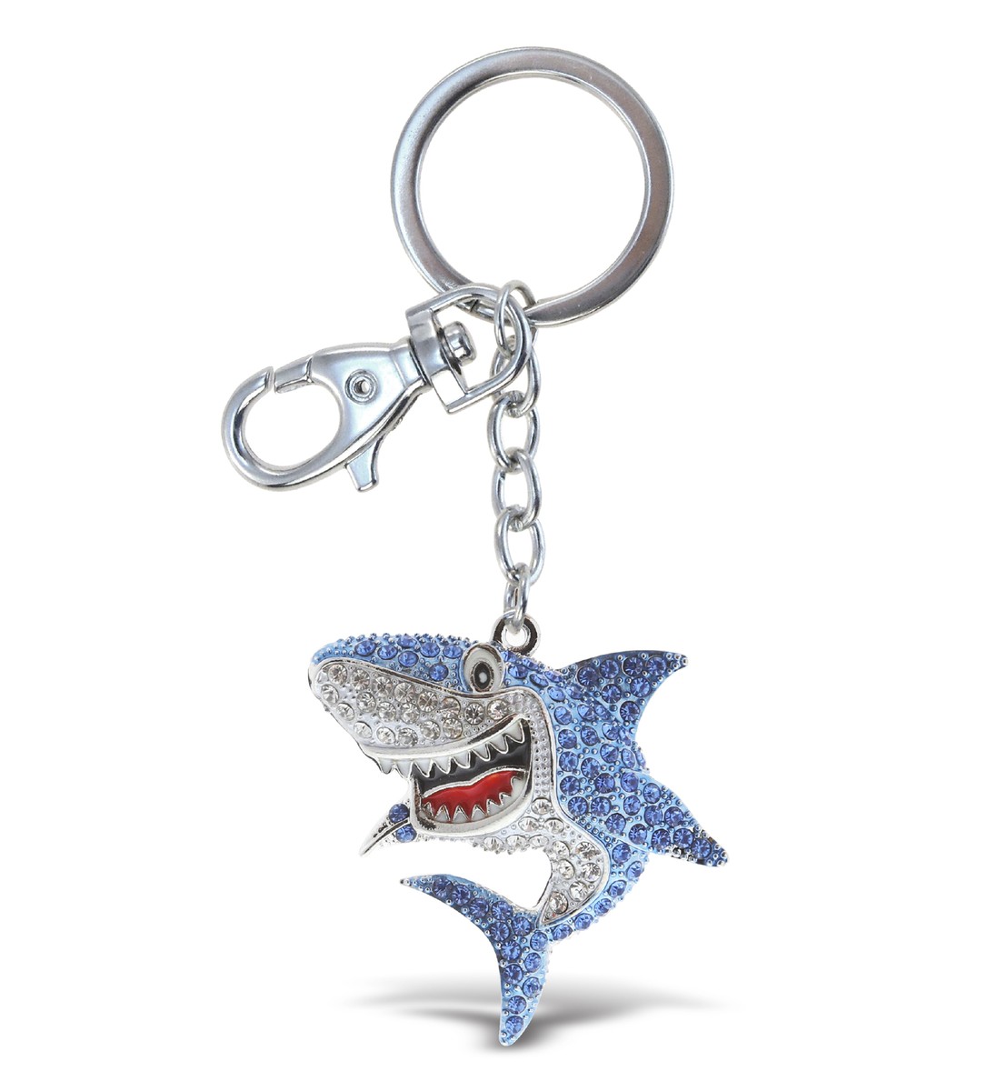 Aqua79 Shark Keychain - Silver 3D Sparkling Charm Rhinestones