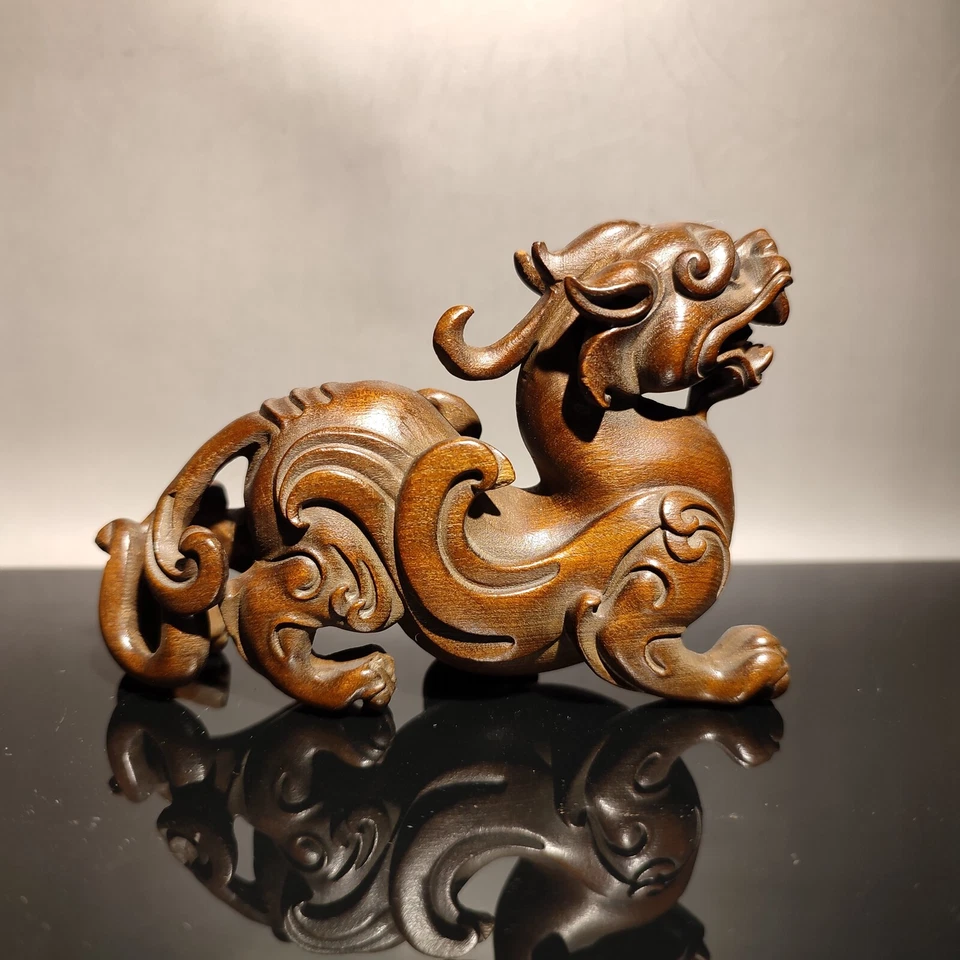 Estatua de dragón de madera china tallada en madera decoración de escritorio antiguo escultura de boj Foto 4 de 4