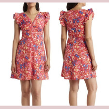NEW Eliza J [ 10 ] Floral Twist Flutter Sleeve Short Dress in Red #U1209