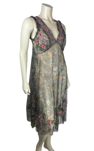 Biya Johnny Was besticktes Netz-Schlupfkleid Gr. XS Blumen transparent V-Ausschnitt Overlay - Bild 2 von 10