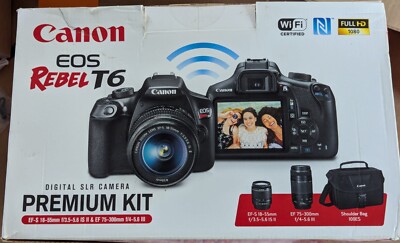Canon EOS Rebel T6 DS126621 Digital Camera; 18-55mm, 75-300mm, 64g, case.  18 MP