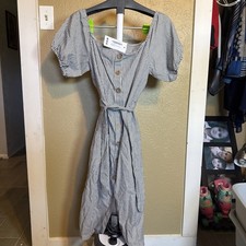 Boohoo Square Neck Puff Sleeve Striped Midi Dress Grey 16 Casual Summer Brunch