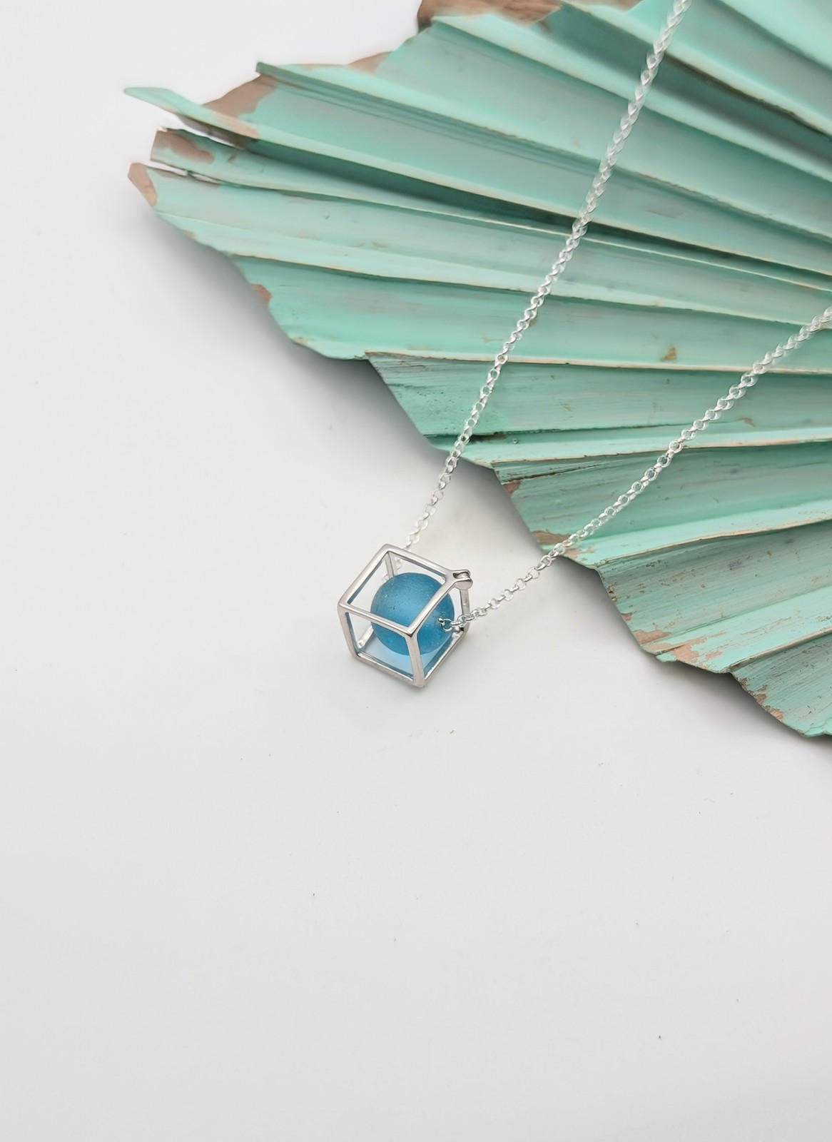 Sterling Silver Cube Fidget Necklace with Rare Blue Sea Glass Bead