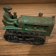Vtg 1930s-1950s Cast Iron Green Bulldozer Crawler Tractor Toy w/ Driver Figure