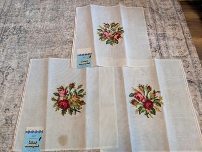 Vintage Dritz Needlepoint Flower Floral Canvas Hand Stitched Unfinished Lot Of 3