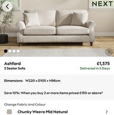 next ashford  3 Seater Sofa NEW/ RRP £1375 -NOW £650