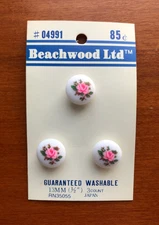Set of 3 White Rounded Top with Pink Rose Shank Buttons 1/2" wide Beachwood Ltd