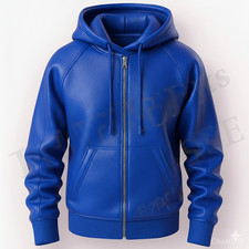 Men's Premium Cowhide Leather Zip Hoodie Handmade Blue & Red Leather Jacket