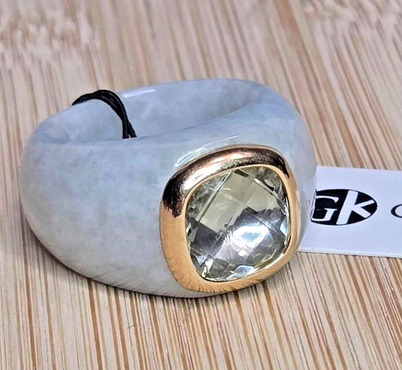 Gorgeous 14k Gold Bezel Set Citrine Carved Lavender Jade Ring Size 7 Signed S3