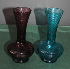 Pair of Glass Swirl Flower Bud Vases Purple And Blue Vintage Marked Foreign