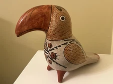 Tonala Mexican Pottery Signed P. Mateos Hand Painted LARGE Toucan Figurine