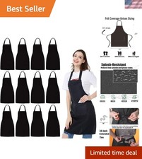 12 Pack Bib Apron - Unisex Black Apron Bulk with 2 Roomy Pockets Machine Wash...