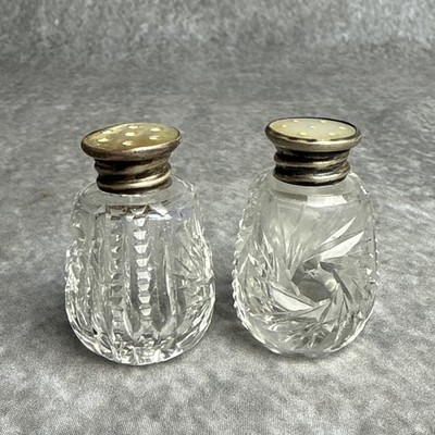 Antique Cut Glass Salt & Pepper Shakers Mother Of Pearl Sterling Silver Tops