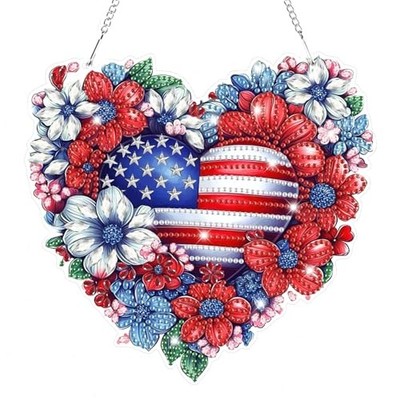  Independence Day 5D Diamond Art Hanging Kits for Heart-shaped American Flag