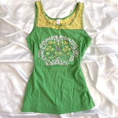 Candie's Green Yellow Graphic Tank Top Breaking Hearts Since 1981 Lace Trim L