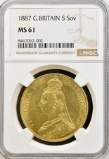 1887 Great Britain Victoria £5 Five Pound Sovereign MS61 Graded By NGC