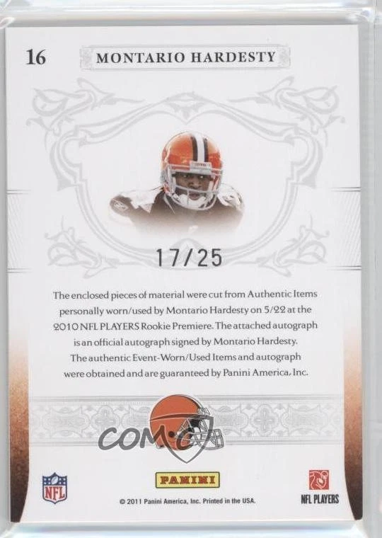 2010 Playoff National Treasures NFL Gear /25 Montario Hardesty Rookie Auto RC - Image 2 of 2