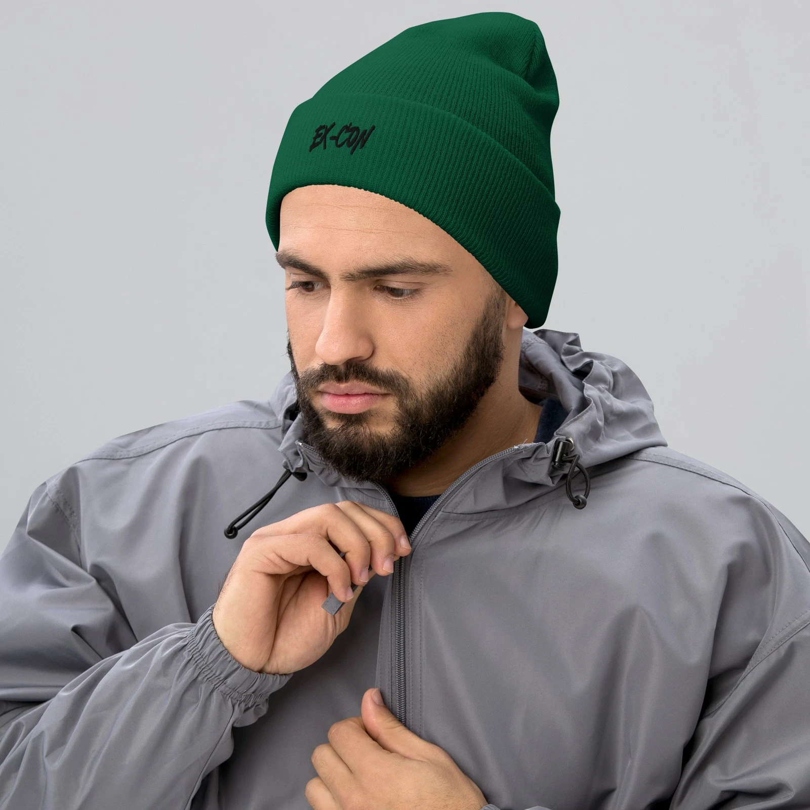 Forest Green Knit Beanie Hat / EX-CON Cuffed Winter Cap Acrylic