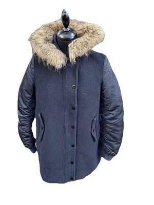 Sandro Paris Wool Nylon Coat Hooded Raccoon Fur Trim Size 1 UK 8 Small S