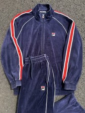 Vintage FILA Velour Tracksuit Set Jacket Pants Size Medium Navy Blue Red