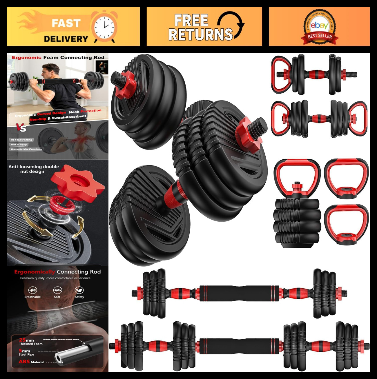 Adjustable Dumbbells Set 20-90lbs, 5-in-1 Free Weights for Home Gym, Barbell & K