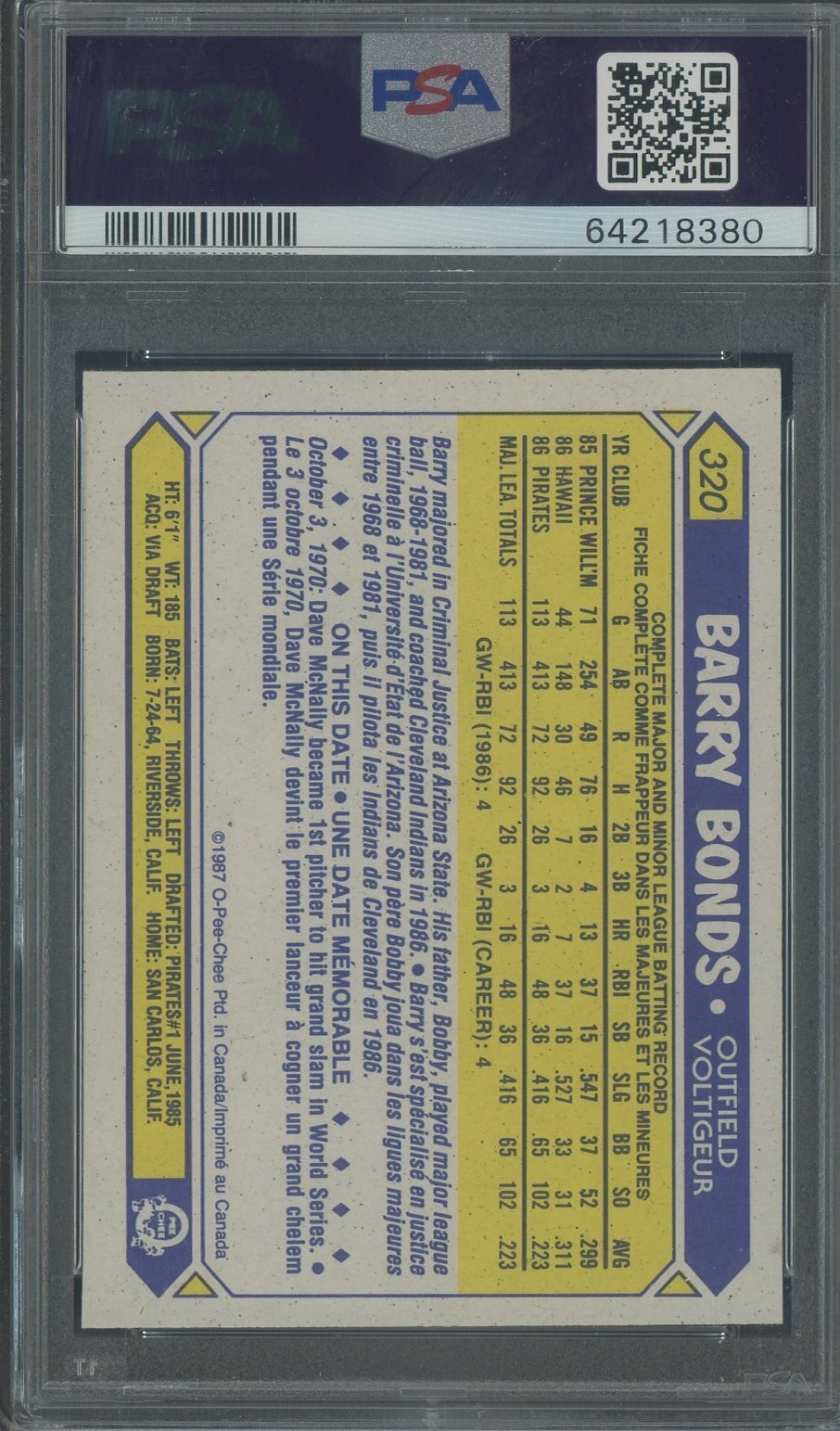1987 O-PEE-CHEE OPC #320 Barry Bonds Pittsburgh Pirates RC Rookie PSA 8 NM-MT view 2