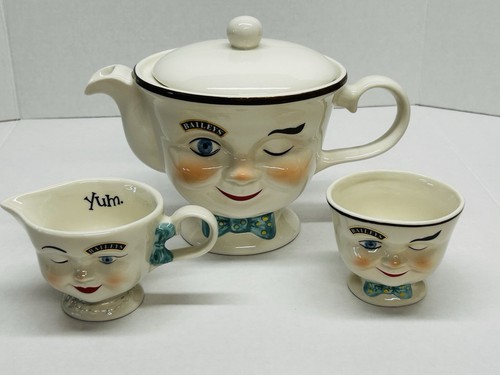 Bailey's Irish Cream Yum Winking Face Teapot & Mr & Mrs Creamer Sugar Bowl