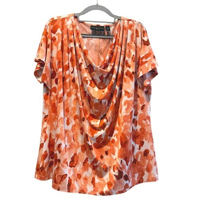 Dana Buchman Woman Abstract Floral Print Cowl Neck Tunic Top 1X Orange White