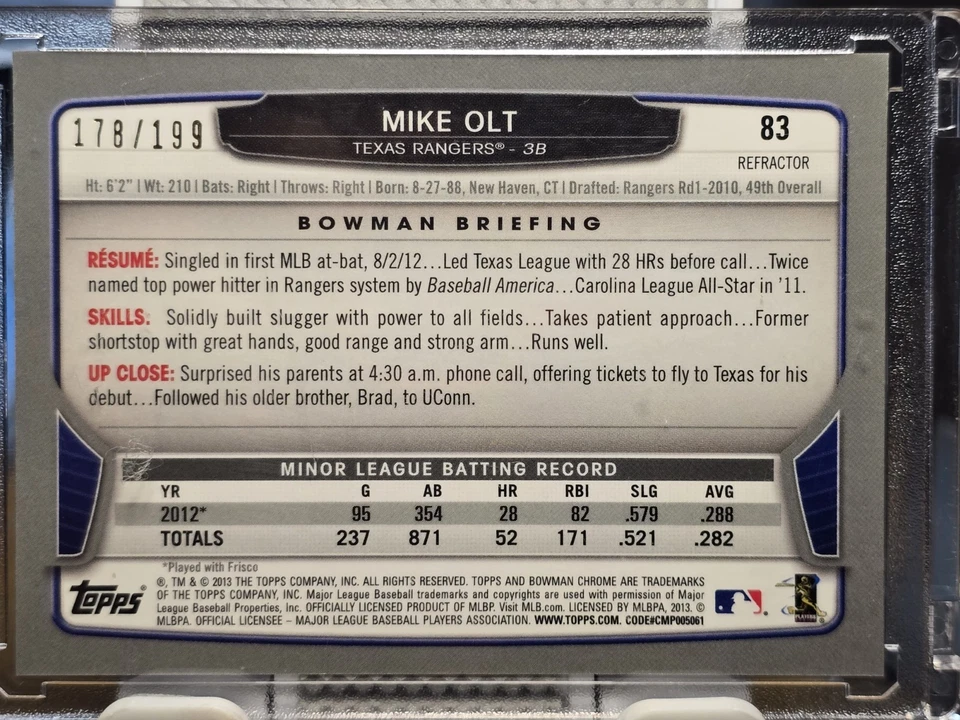 2013 Bowman Chrome Purple Refractor #83 Mike Olt Rangers /199 - Image 3 of 3