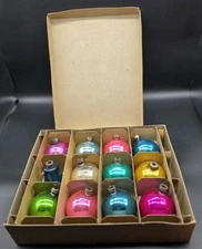 Box of 12 Blown Glass Christmas Balls + 1 Bell, 3 in, Mixed Brands, Great Colors