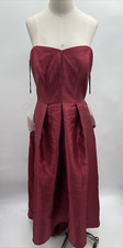 Alfred Sung Women Strapless Burgundy Satin High Low Dress w/ Pockets Size 12