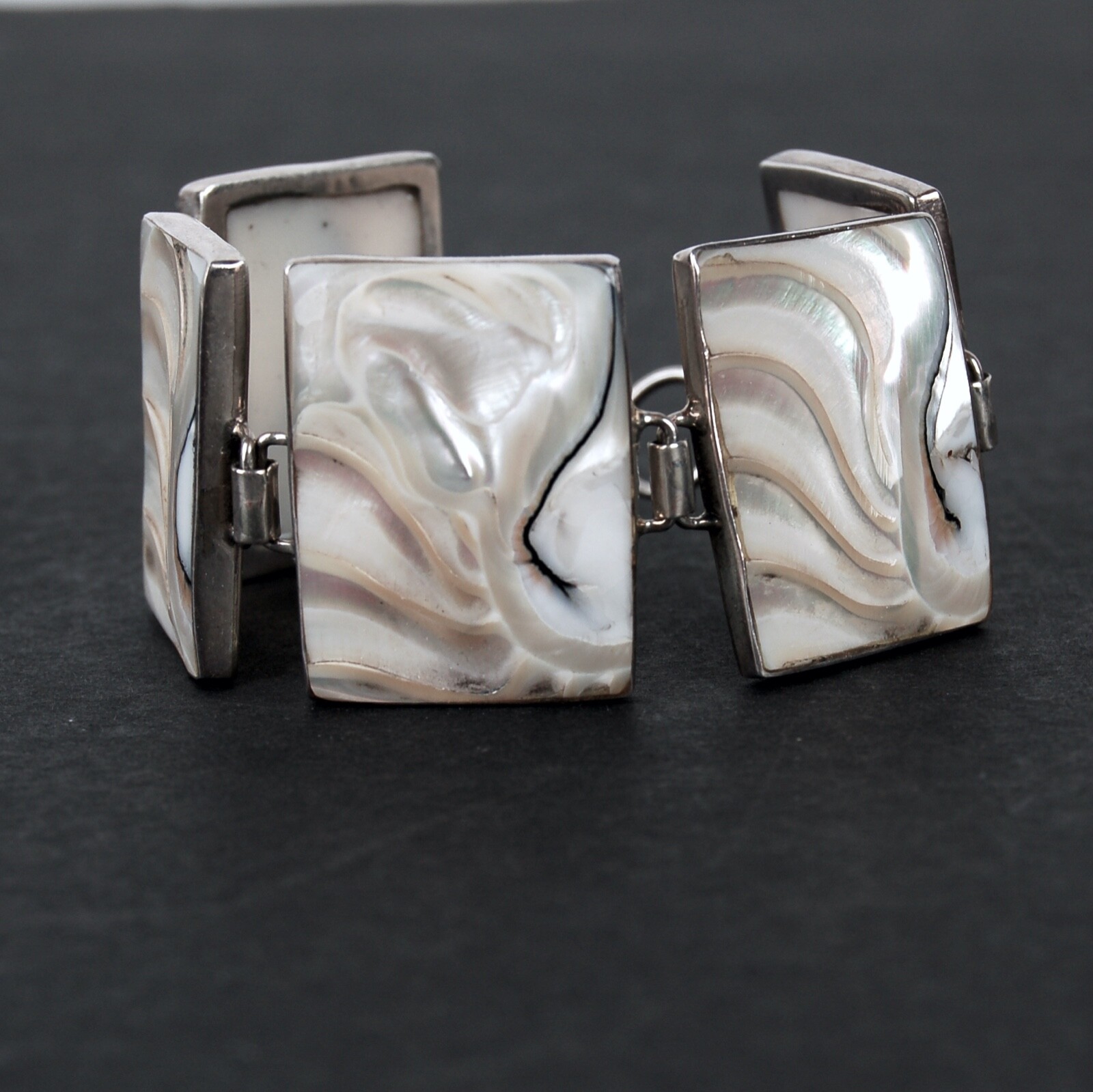 Vintage Abalone Shell Silver Link Toggle Bracelet… - image 6