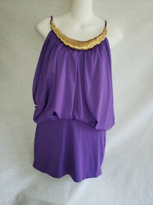 NWT Akira Black Label Sz S (4-6) Purple Party Mini Dress Gold Trim Stretch #998