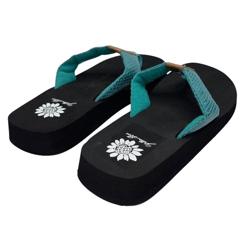 Yellow Box Flip Flops Teal Shiny Snakeskin Embossed Shimmer Wedge Sandal Faya - Picture 14 of 22