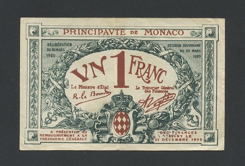 MONACO 1 Franc 1920 D Krause 5 Banknoten