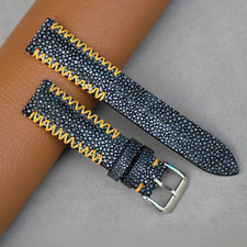 Black Stingray Watch Strap, Quick Release Leather Watch Band, Yellow Stitching